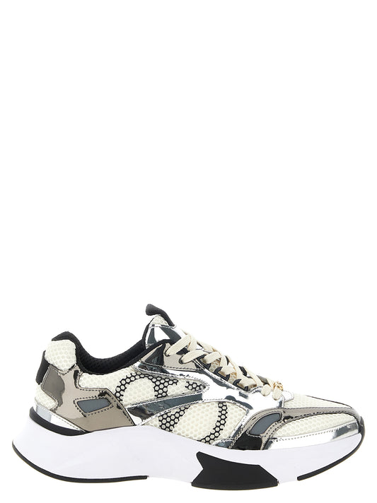 Athletic Sneakers by Valentino Garavani for women in polyester & mesh black, gold, multicolor, silver & signature showcases a architectural silhouette, artfully capturing the essence of the Play V Logo Women's Athletic Polyester & Mesh Sneakers with its signature architectural athletic style construction.