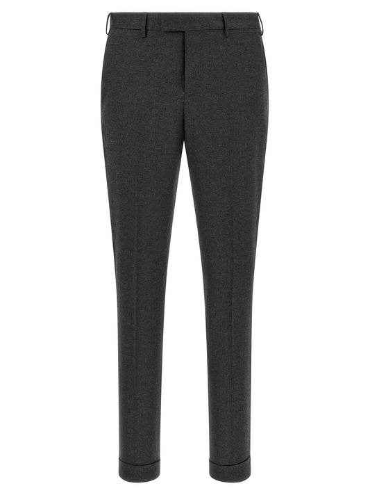 Trousers by PT Torino for men in virgin wool gray features an sartorial silhouette, showcasing a precise and long with a sartorial mid rise for a refined look.