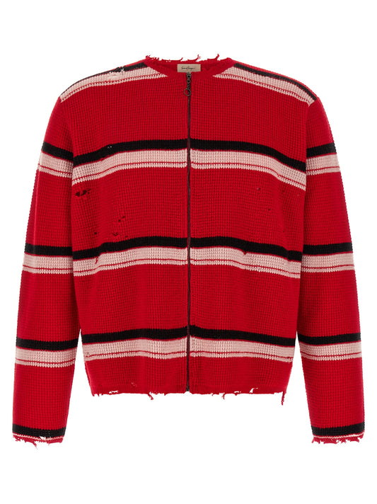 Cardigan by SECOND/LAYER for men in cashmere wool red, patterned & striped showcases a captivating silhouette, artfully detailed with a captivating and for a truly sophisticated captivating look.