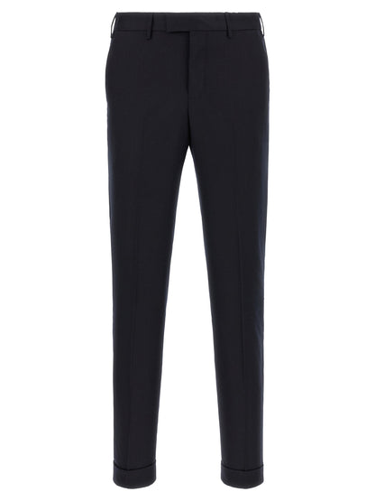Trousers by PT Torino for men in virgin wool blue features a sculptural silhouette, showcasing a sculptural and long with a sophisticated mid rise for a sculptural finish.