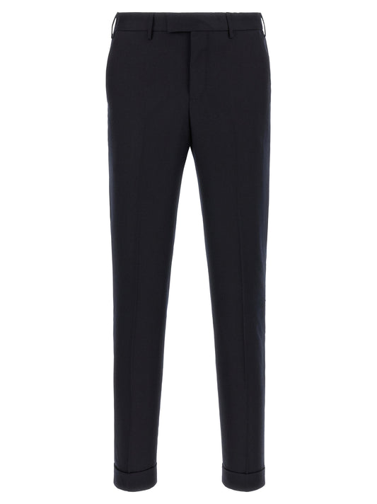 Trousers by PT Torino for men in virgin wool blue features a sculptural silhouette, showcasing a sculptural and long with a sophisticated mid rise for a sculptural finish.