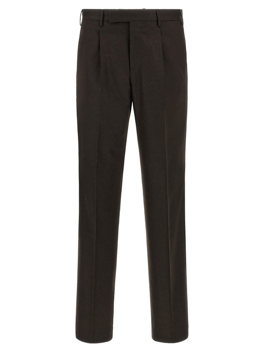 Trousers by PT Torino for men in cashmere virgin wool brown features an sartorial silhouette, showcasing a precise straight-leg and long with a sartorial for a refined look.