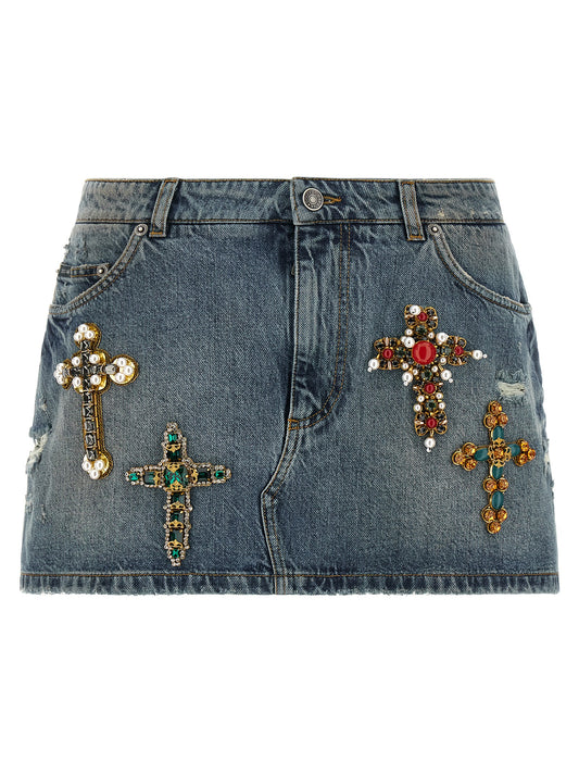 Skirt by Dolce & Gabbana for women in denim cotton blue showcases a dramatic silhouette, artfully capturing the essence of the Women's Denim Cotton Short Mini Long Skirt in a dramatic short mini long cut for a refined look.