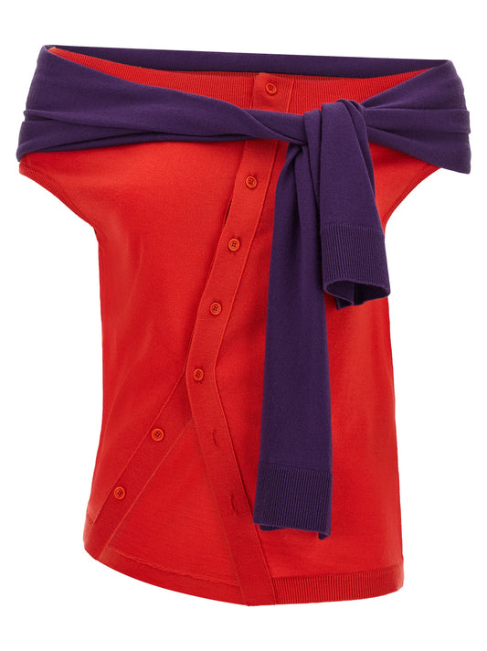 Top by J.W.Anderson for women in merino wool purple & red features an definitive sleeveless and definitive for a truly sophisticated look.