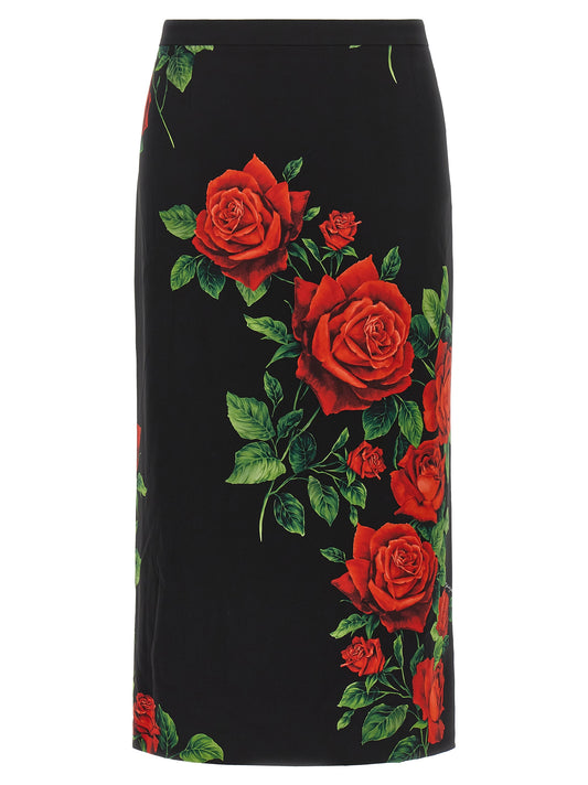 Skirt by Dolce & Gabbana for women in silk black, rose, patterned, signature & print features an tailored silhouette, artfully capturing the essence of Women's Pencil Tailored High Rise Silk Midi Skirt in a sophisticated midi.