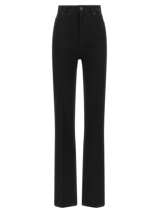 Jeans by Balenciaga for women in denim & leather black & gray presents a refined pantology silhouette, artfully defined by a refined pantology , long, and a sophisticated high rise.
