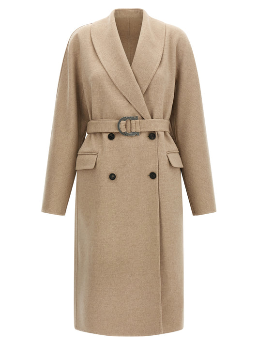 Overcoat by Ferragamo for women in cashmere virgin wool beige & horn features an satoral silhouette, showcasing a sophisticated shawl-collar neckline and satoral pockets for a premium, timeless look.