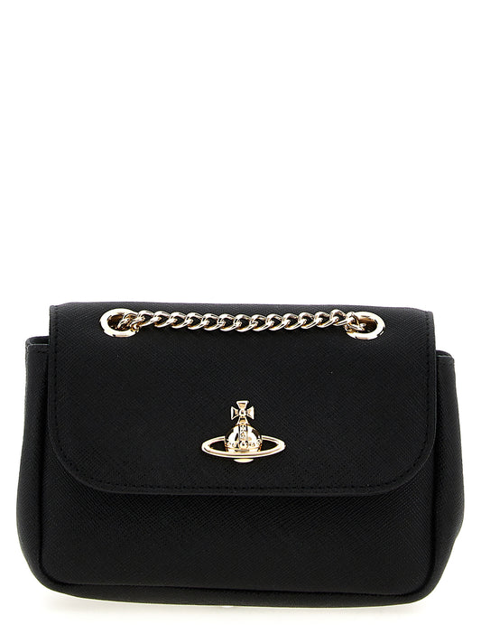 Small Shoulder Flap Bag by Vivienne Westwood for women in saffiano cowhide leather black features a effortless chic silhouette with a secure flap & magnetic, ample , and versatile shoulder-strap for a effortless chic finish.