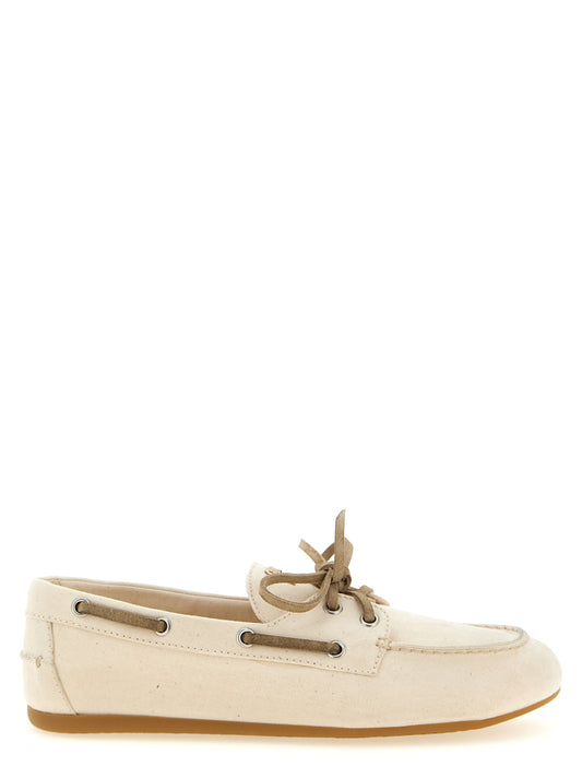 Flat Boat Loafer Slip-On Shoes by Miu Miu for women in cotton canvas & suede leather beige & signature features an effortless chic silhouette, showcasing the Women's Cotton Canvas & Suede Leather Flat Boat Loafer Slip-On Shoes design with an effortless chic flat and a for a effortless chic look.