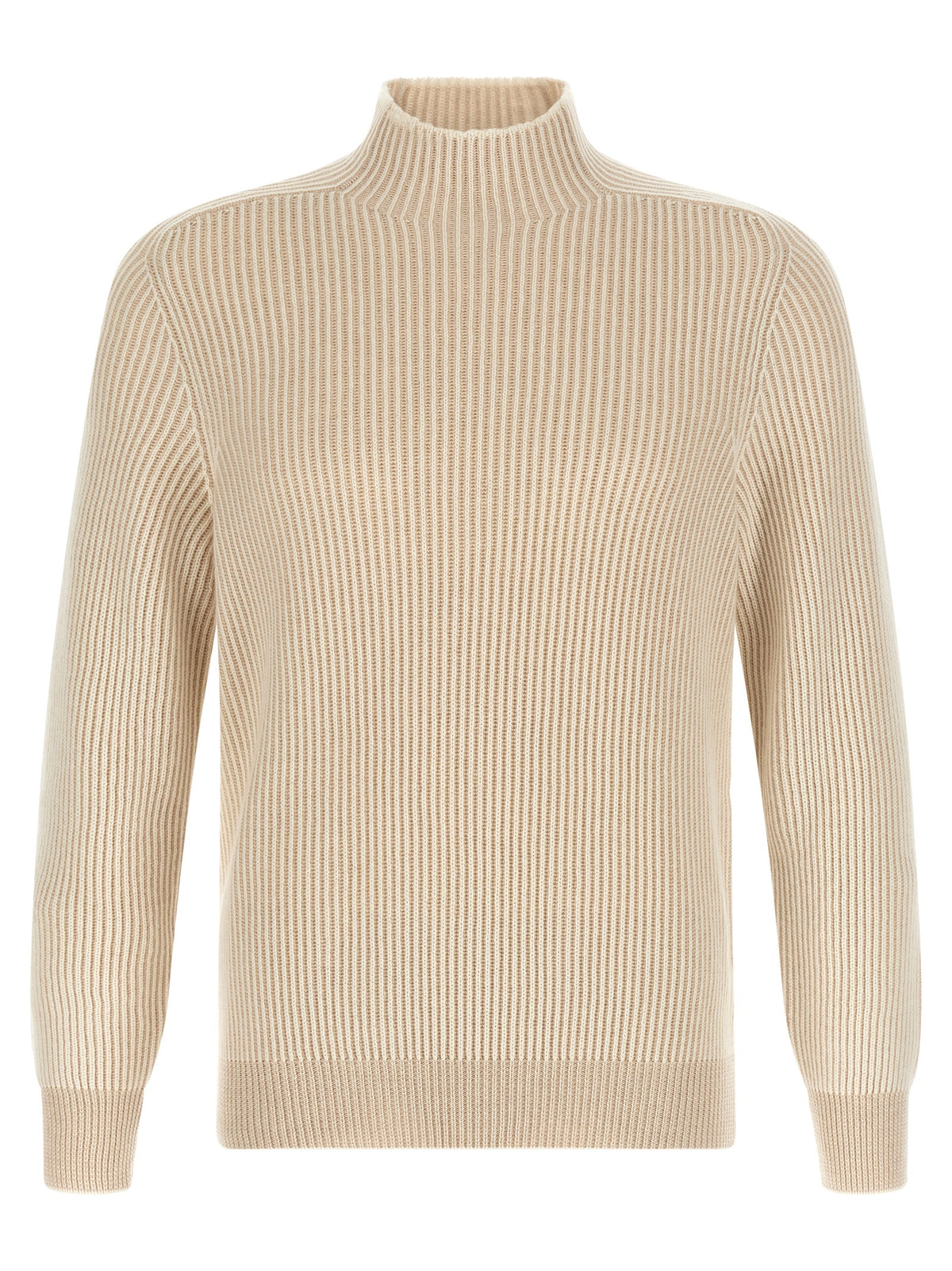 Cardigan by Brunello Cucinelli for men in cashmere beige features a dramatic silhouette, showcasing a sophisticated turtle neckline and dramatic detail for a timeless, premium look.