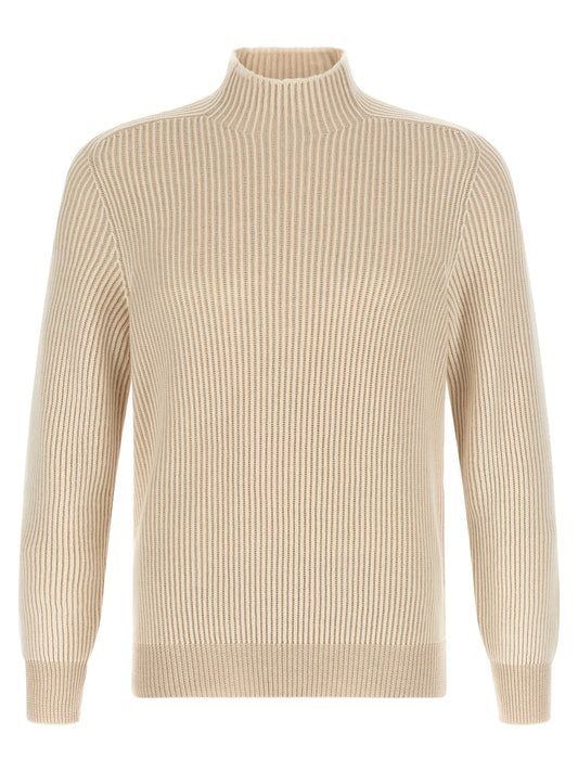Cardigan by Brunello Cucinelli for men in cashmere beige features a dramatic silhouette, showcasing a sophisticated turtle neckline and dramatic detail for a timeless, premium look.
