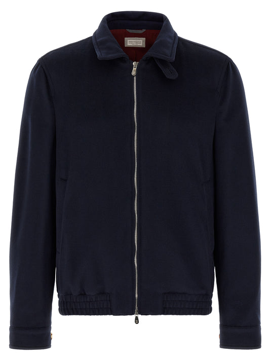 Bomber Jacket by Brunello Cucinelli for men in virgin wool & beaver hair blue, horn & signature features an contemporary silhouette, showcasing a sophisticated and contemporary pockets for a truly refined look.