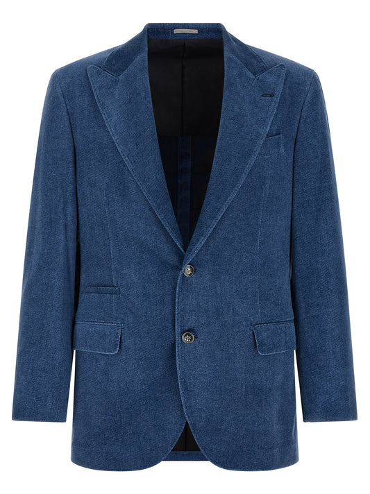 Blazer by Brunello Cucinelli for men in cotton denim blue features an crisp silhouette with sophisticated and a crisp for a truly crisp finish.