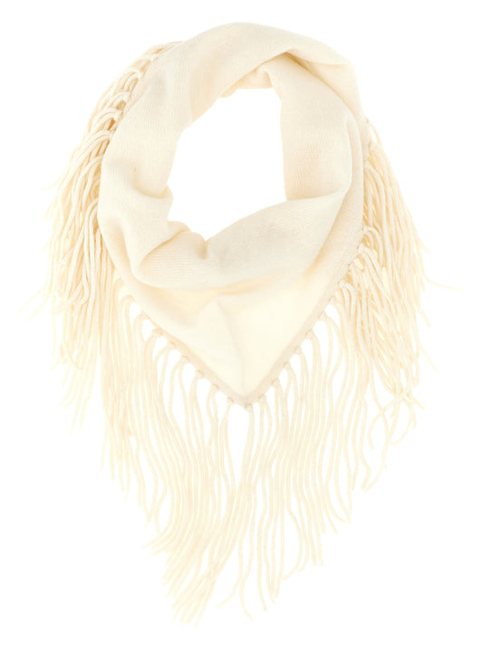 Scarf by P.A.R.O.S.H. for women in cashmere cream & white presents a cosy silhouette, artfully capturing the sophisticated design and premium aesthetic of the Cashmere Wrap Triangular Fringes Scarf.