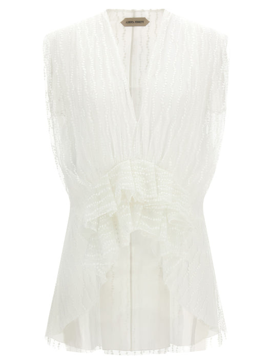 T-Shirt by Alberta Ferretti for women in polyester & tulle white showcases a chic silhouette, artfully detailed with a chic v-neck neckline and sleeveless for a chic finish.