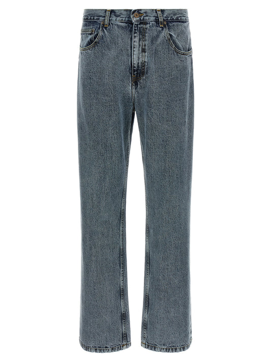 Jeans by SECOND/LAYER for men in denim cotton blue & gray features an refined tailoring silhouette, showcasing a premium straight-leg & relaxed-fit with a and long cut for a refined tailoring look.