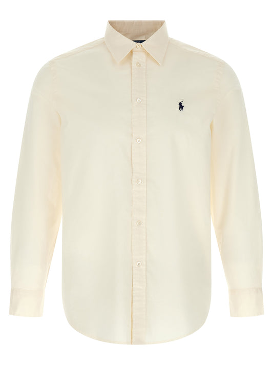 Blouse by Polo Ralph Lauren for women in cotton beige & navy showcases a sleek silhouette, elegantly detailed with a sleek and long-sleeve for a sleek finish.