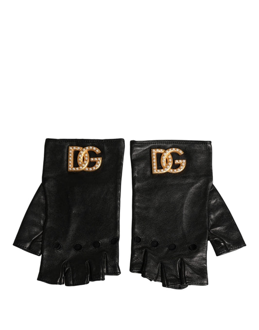 Gloves by Dolce & Gabbana for women in leather black, gold & pearl presents a impeccable silhouette, showcasing the impeccable fingerless-gloves wrist-length-gloves design with sophisticated for an elevated aesthetic.