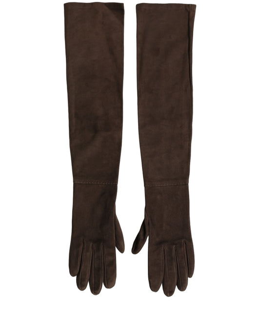 Gloves by Dolce & Gabbana for women in suede leather brown & tan presents a distinguished silhouette, meticulously detailed with unique and a sophisticated elbow-length-gloves design.