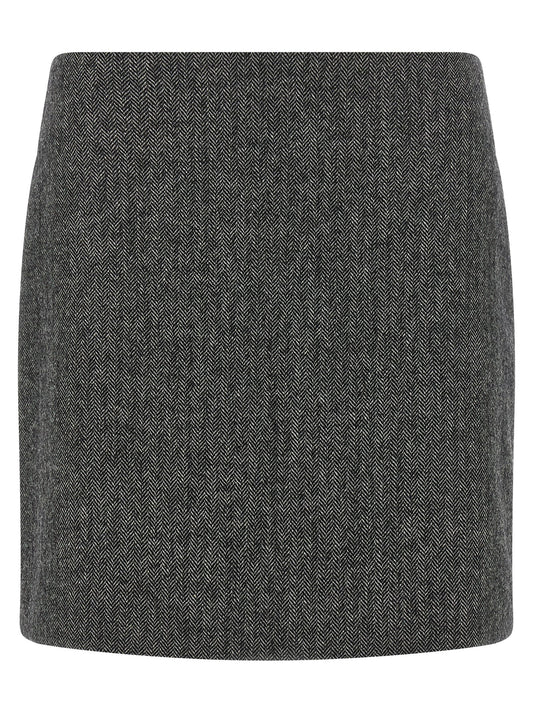 Skirt by Blazé Milano for women in virgin wool & polyamide black, gray, white, patterned, herringbone & signature features a captivating silhouette, showcasing the captivating Women's High Rise Virgin Wool & Polyamide Mini Long Skirt design with a sophisticated mini long for a captivating look.