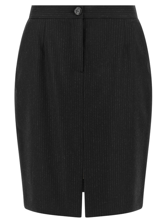 Skirt by Blazé Milano for women in virgin wool carbon & canvas black, charcoal, patterned, pinstripe & jacquard showcases a sultry silhouette, elegantly defined by its midi and the sophisticated sultry design of the Women's Sheath Tailored Virgin Wool Carbon & Canvas Midi Skirt.