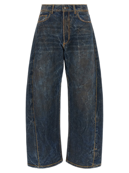 Jeans by Giuseppe Di Morabito for women in cotton denim & rhinestone blue & monogram presents a refined pantology silhouette, artfully defined by a refined pantology relaxed-fit & wide, long, and a sophisticated .