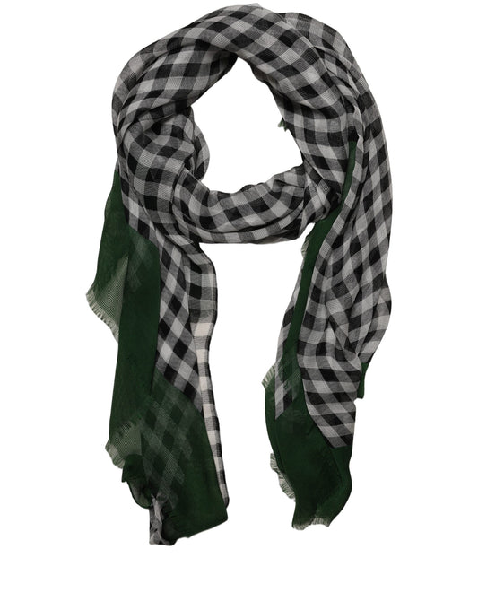 Scarf by Dolce & Gabbana for women in silk black, dark-green, white, checkered & gingham showcases a warm silhouette from the Silk Rectangular Frayed-Edge Scarf collection, offering a warm drape that exudes sophisticated luxury.