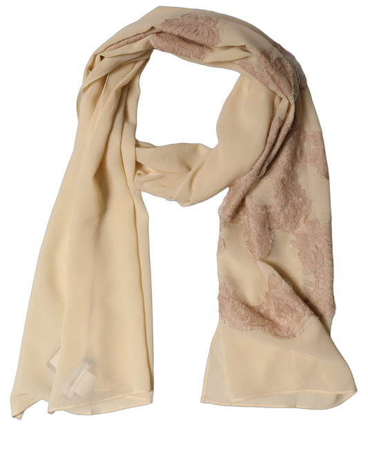 Scarf by Dolce & Gabbana for women in cotton silk lace & nylon beige features a snug silhouette, perfectly showcasing the elegant drape and premium finish of the Cotton Silk Lace & Nylon Rectangular Stole Scarf.