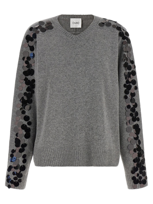 Cardigan by NUDE for women in polyamide wool & sequins gray & nude showcases a captivating silhouette, artfully detailed with a captivating and v-neck neckline for a truly sophisticated captivating look.