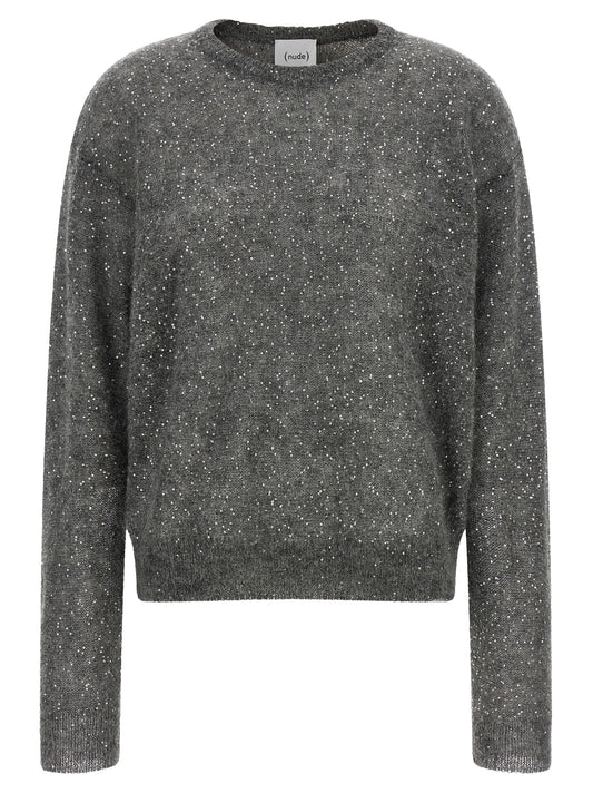 Cardigan by NUDE for women in mohair wool polyamide cotton & sequins gray, nude & silver features a dramatic silhouette, showcasing a sophisticated round neckline and dramatic long-sleeve detail for a timeless, premium look.