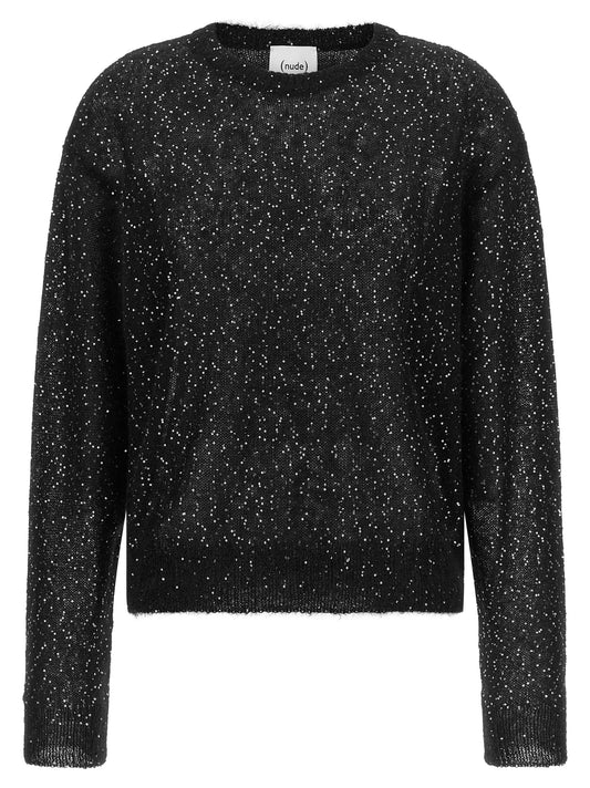 Cardigan by NUDE for women in mohair wool cotton canvas & polyamide black, nude, silver & transparent presents a textural silhouette, artfully finished with a textural and for a sophisticated, textural look.