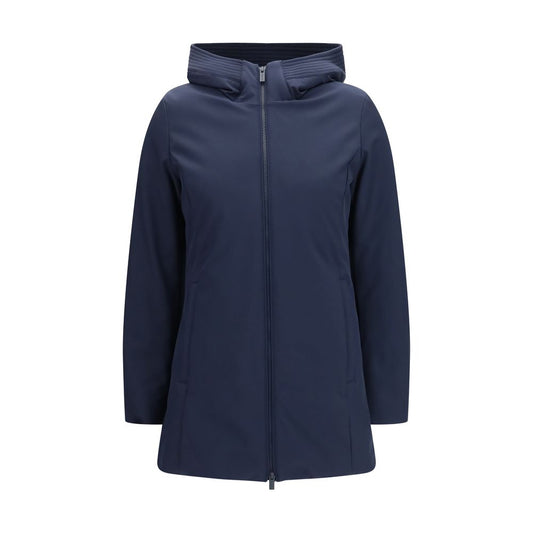 Hooded Parka by Woolrich for women in polyester duck & goose down blue, gray & signature features an avant garde silhouette, showcasing refined windproof, insulated & hooded and a sophisticated hooded high-neck neckline for a polished look.