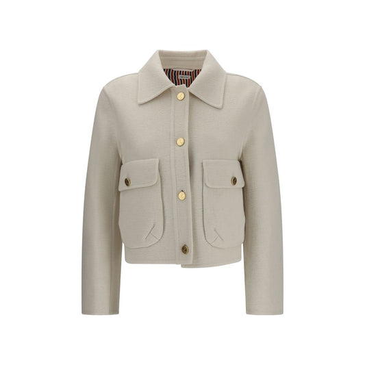 Jacket by Thom Browne for women in cashmere & merino wool beige, gold & signature features a smart silhouette, perfectly accentuated by its unique and functional pockets for a smart finish.