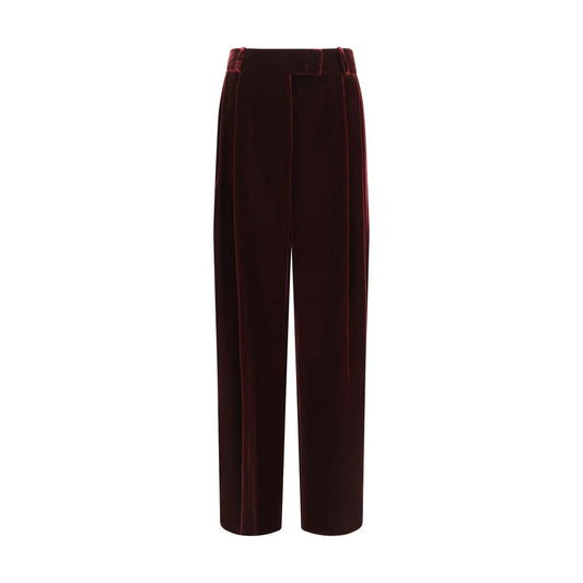 Trousers by Giorgio Armani for women in cupro silk & viscose bordeaux features a sculptural silhouette, showcasing a sculptural regular-fit & wide and long with a sophisticated high rise for a sculptural finish.