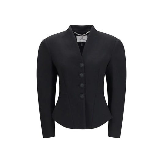 Jacket by Nissa for women in polyester & wool black features a smart silhouette, perfectly accentuated by its unique v-neck neckline and functional for a smart finish.