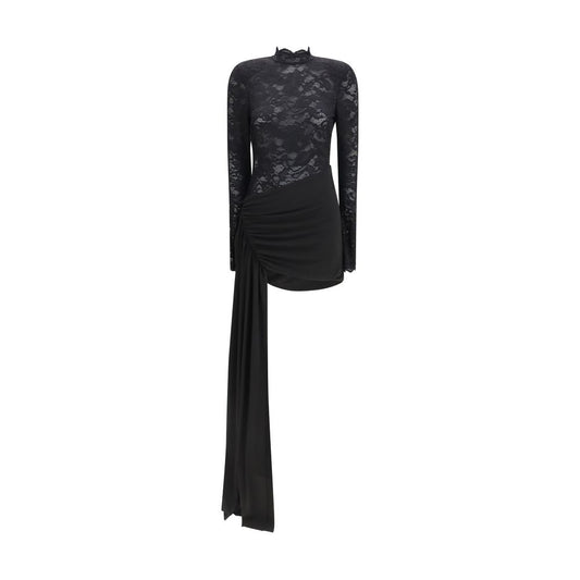 Dress by Nissa for women in lace nylon & spandex black & patterned features an magnificent silhouette, artfully detailed with a magnificent and long-sleeve that flows into an magnificent mini.
