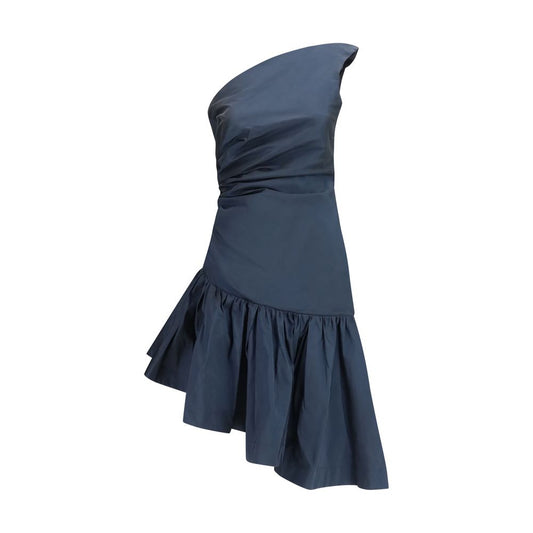 Dress by Sara Roka for women in polyester blue features an eye catching silhouette with a sophisticated asymmetric neckline, elegant sleeveless, and a refined short for a eye catching aesthetic.