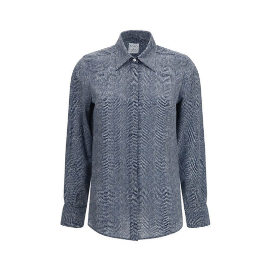 Shirt by Sara Roka for women in silk blue, patterned, herringbone & print showcases a sleek silhouette, elegantly detailed with a sleek and for a sleek finish.