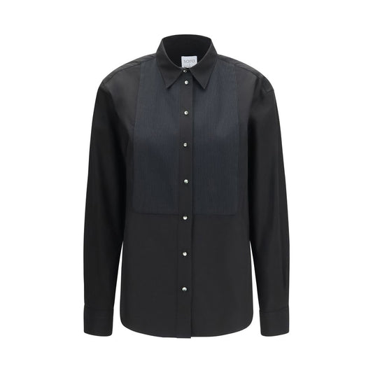 Dress Shirt by Sara Roka for women in cotton black showcases a sharp silhouette, elegantly detailed with a sharp shirt-collar neckline and sharp .