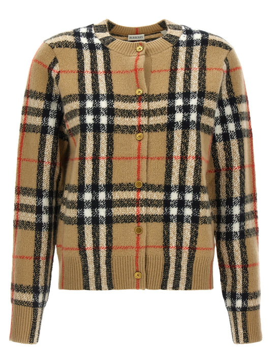 Cardigan by Burberry for women in cashmere beige, black, gold, red, white & patterned features an crisp silhouette, showcasing a sophisticated and detail for a truly crisp finish.