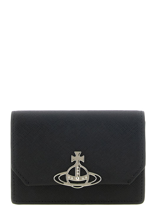 Cardholder Card Case by Vivienne Westwood for women in cowhide leather black & silver features a polished Orb Cowhide Leather Cardholder Card Case design with polished card-organization compact-design.