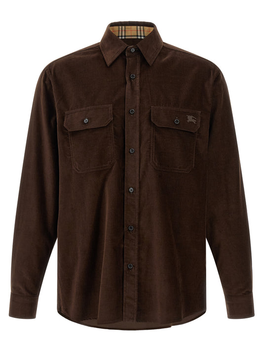 Shirt by Burberry for men in cotton corduroy brown & signature features an architectural silhouette with a refined and elegant for a architectural look.