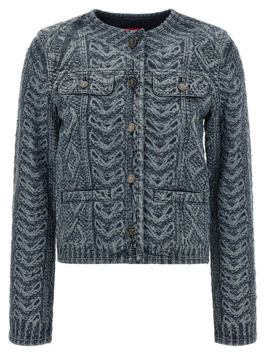 Trucker Jacket by Diesel for women in denim cotton & hemp blue features an contemporary silhouette, showcasing a sophisticated crew neckline and contemporary pockets for a truly refined look.