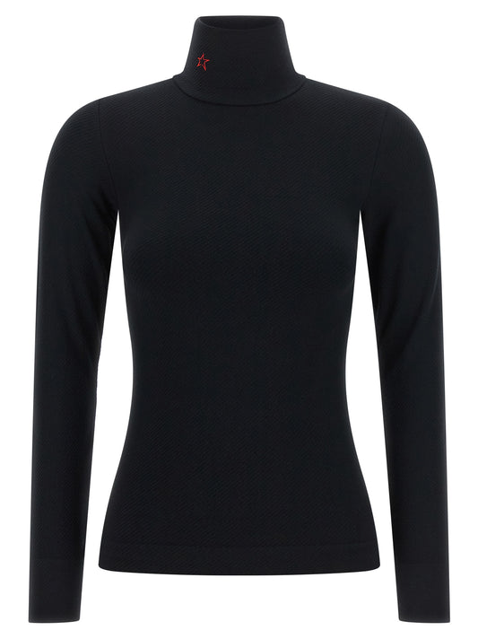 T-Shirt by PERFECT MOMENT for women in cashmere & modal black & red showcases a fashionable silhouette, elegantly detailed with a fashionable long-sleeve and high-neck neckline for a sophisticated, high-fashion look.