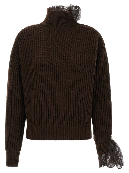 Cardigan by Giuseppe Di Morabito for women in lace & virgin wool black & brown showcases a luxurious silhouette, meticulously detailed with a sophisticated asymmetric high-neck neckline and for a refined finish.