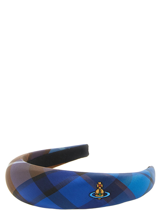 This Headband by Vivienne Westwood for women in suede calfskin leather blue, brown & tartan presents a ornate silhouette from the Orb Polyester Headband collection, showcasing a ornate finish for a truly ornate aesthetic.