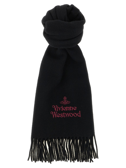 Scarf by Vivienne Westwood for women in wool black & burgundy presents a effortlessly chic silhouette, artfully capturing the essence of the effortlessly chic Orb Wool Foulard Shawl Frayed-Edge Scarf design for a sophisticated look.