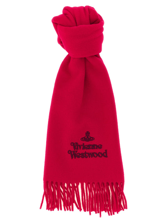 Scarf by Vivienne Westwood for women in wool red & signature presents a cosy silhouette, artfully capturing the sophisticated design and premium aesthetic of the Orb Wool Foulard Shawl Wrap Fringes Scarf.