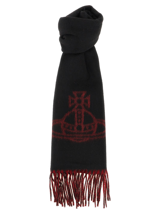 Scarf by Vivienne Westwood for women in wool black & red showcases a on trend silhouette, artfully capturing the on trend essence of the Orb Wool Foulard Fringes Scarf design with a sophisticated finish.