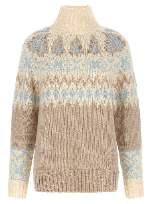 Cardigan by Herno for women in cashmere wool beige, blue, patterned & jacquard features an impeccable silhouette, showcasing a sophisticated high-neck neckline and detail for a truly impeccable finish.